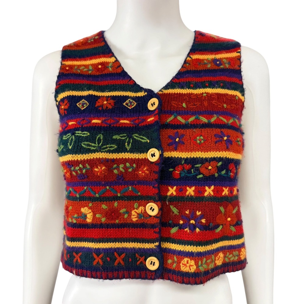 Bonjour Vintage Knit Sweater Vest Floral Embroidered Cottagecore Granny Folk M